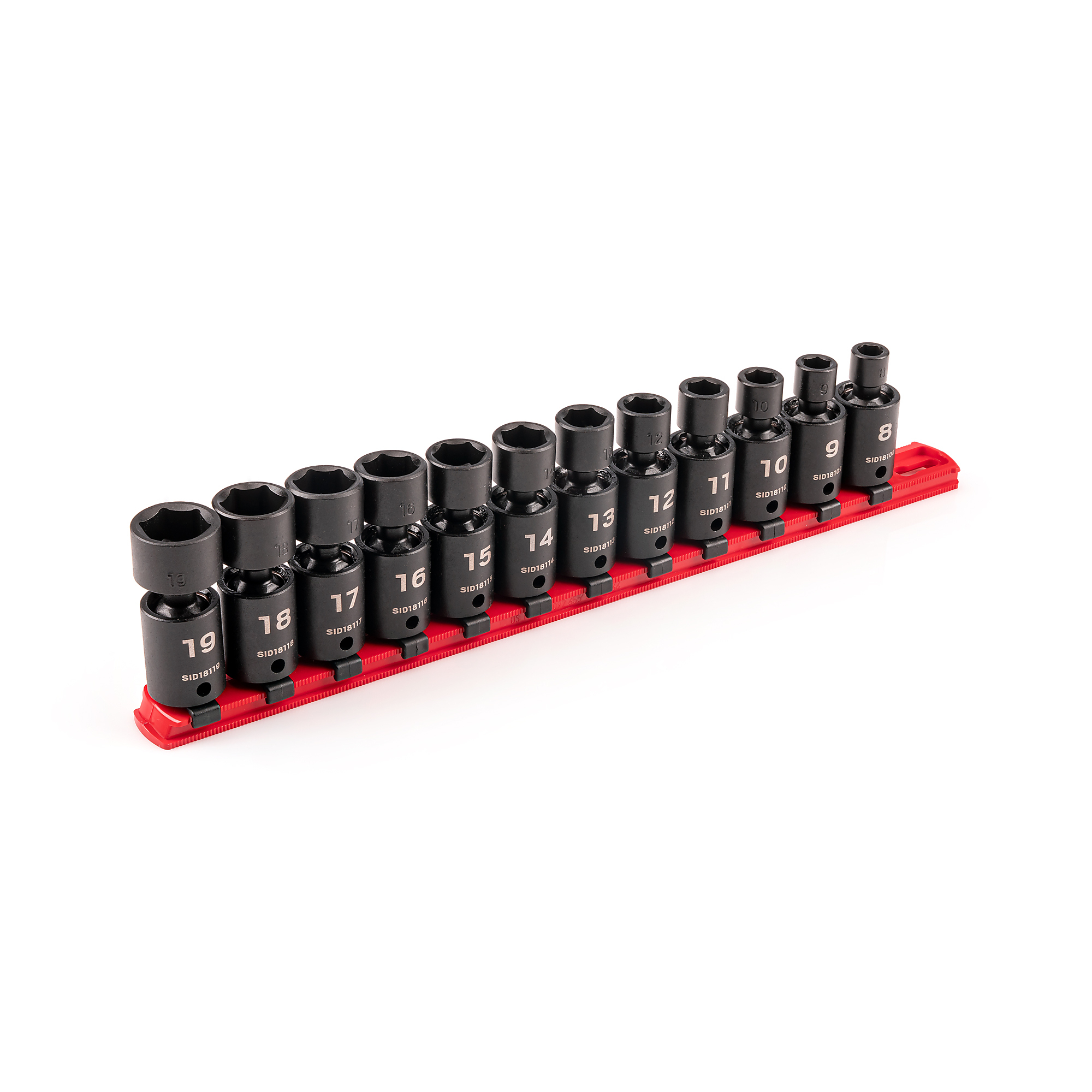 TEKTON 3/8 Inch Drive Shallow 6-Point Universal Joint Impact Socket Set with Rail, 12-Piece (8 - 19 mm) | SID97102